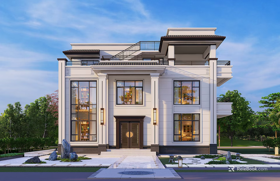 Two Story New Chinese Style Detached Villa With Large Windows And Symmetrical Design 3d model 