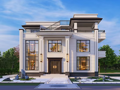 Two Story New Chinese Style Detached Villa With Large Windows And Symmetrical Design 3d model