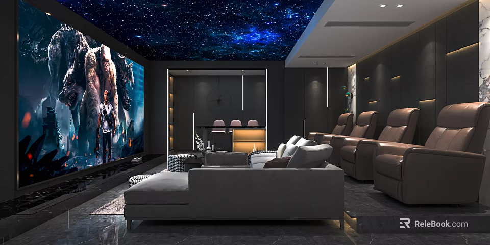 Modern Home Theater Interior With Starry Sky Ceiling Large Projection Screen And Plush Recliner Seats 3d model 
