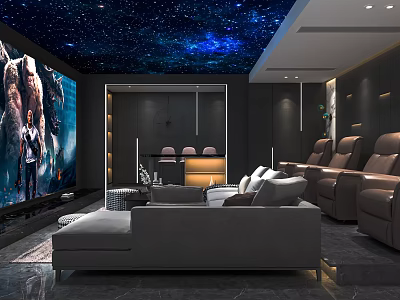 Modern Home Theater Interior With Starry Sky Ceiling Large Projection Screen And Plush Recliner Seats 3d model