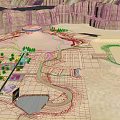 Scenic Desert Landscape With Winding Roads Small Pond Green Trees Round Hill And Distant Mountains