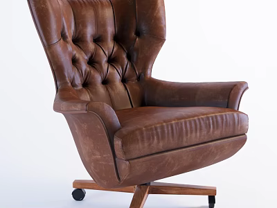 Brown Leather Office Chair With High Tufted Back And Wooden Wheeled Base 3d model
