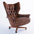 Brown Leather Office Chair With High Tufted Back And Wooden Wheeled Base