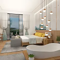 Modern Hotel Room Interior With Comfortable Bed Sofa Chandelier And Green Plants