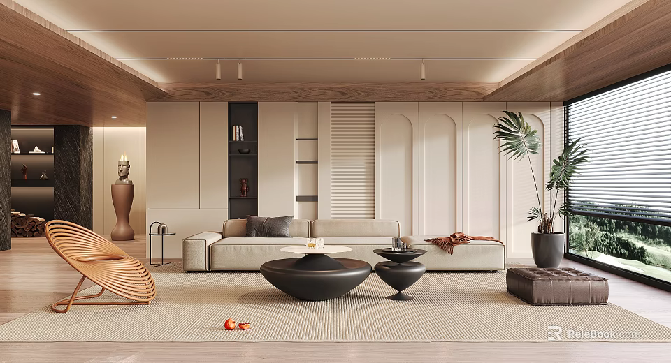 Modern Living Room Interior With Beige Sofa Black Coffee Tables Area Rug And Potted Plants 3d model 