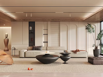 Modern Living Room Interior With Beige Sofa Black Coffee Tables Area Rug And Potted Plants 3d model