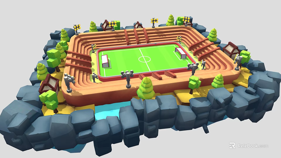 3D Model of Sports Stadium Building with Track Football Field Green Trees and Surrounding Rocks 3d model 