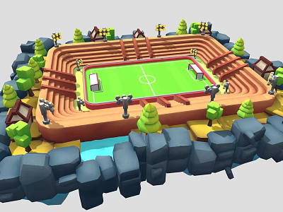 3D Model of Sports Stadium Building with Track Football Field Green Trees and Surrounding Rocks 3d model