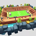 3D Model of Sports Stadium Building with Track Football Field Green Trees and Surrounding Rocks