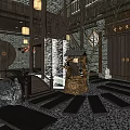 Chinese Style KTV Lobby With Traditional Lanterns Wooden Structure Water Feature And Stone Path