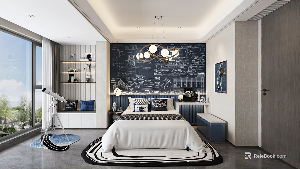Kids Room Interior With White Bedspread Black Blueprint Wall Chandelier Decorative Shelf And Telescope Rug 3d model 