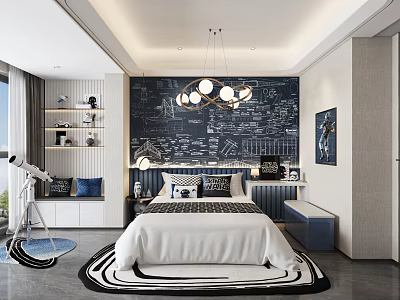 Kids Room Interior With White Bedspread Black Blueprint Wall Chandelier Decorative Shelf And Telescope Rug 3d model