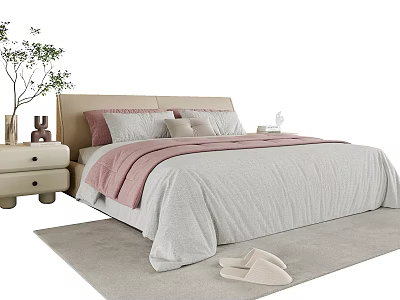 Cozy Kids Bed with Beige Headboard Pink Gray Bedding and Nightstand Potted Plant on Rug 3d model