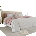 Cozy Kids Bed with Beige Headboard Pink Gray Bedding and Nightstand Potted Plant on Rug
