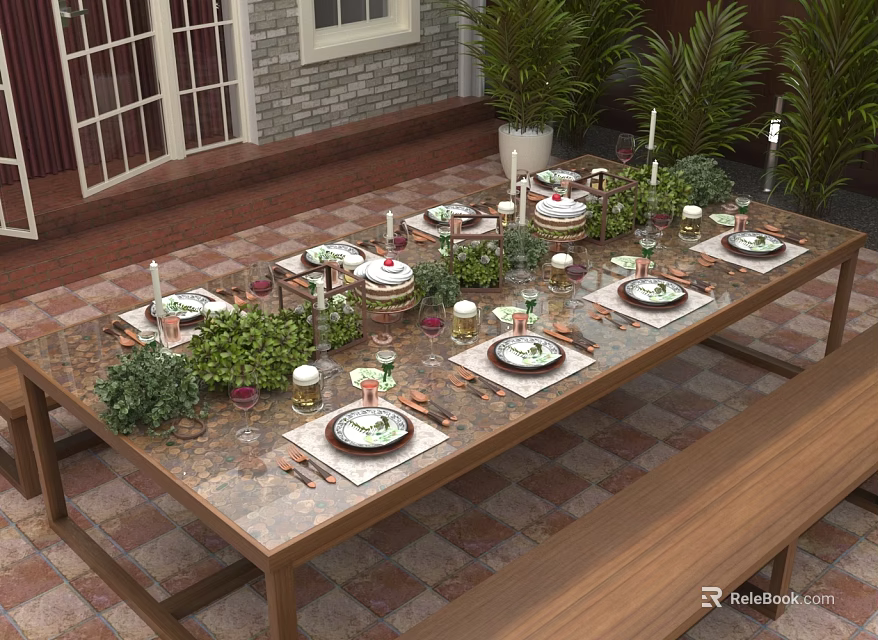 Elegant Outdoor Table With Tableware Candles Green Plants Wooden Bench In Patio Setting 3d model 