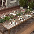 Elegant Outdoor Table With Tableware Candles Green Plants Wooden Bench In Patio Setting