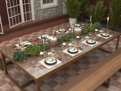 Elegant Outdoor Table With Tableware Candles Green Plants Wooden Bench In Patio Setting 3d model