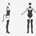 Cat Ear Themed Fitted Bodysuit With Long Sleeves Tail Accessory And Knee High Boots