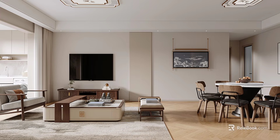 Modern Living Room Interior With TV Stand Decorations Coffee Table Area Rug And Artwork 3d model 