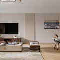 Modern Living Room Interior With TV Stand Decorations Coffee Table Area Rug And Artwork