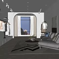 Modern Clothing Store Interior With Hanging Clothes Display Racks Sofa Rug And Large Window Plant