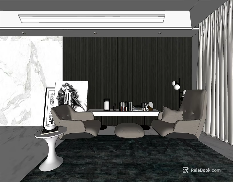 Modern Leisure Sofa Set With Armchairs Side Table Rug And Dark Textured Wall 3d model 