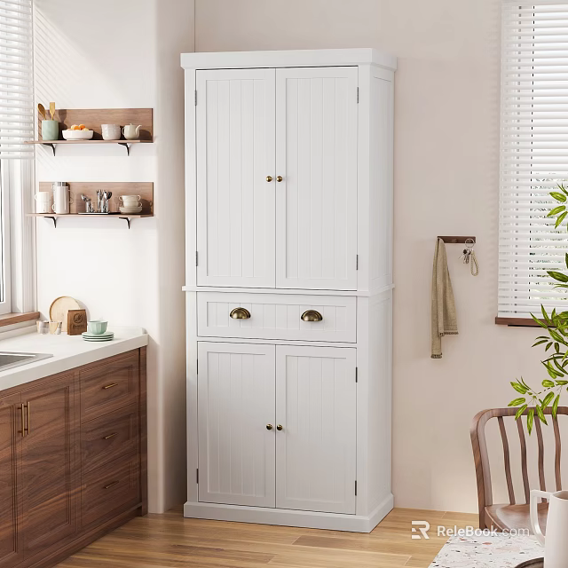 White Kitchen Cabinet With Wooden Shelves Dishes Sink And Window Blinds In Cozy Interior 3d model 