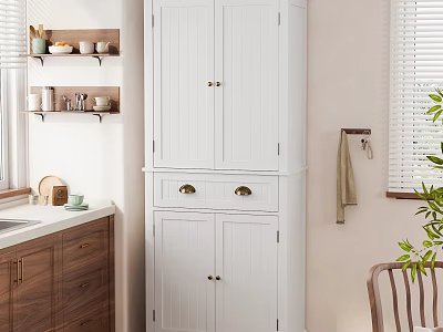 White Kitchen Cabinet With Wooden Shelves Dishes Sink And Window Blinds In Cozy Interior 3d model