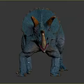 3D Rendered Blue Triceratops Model With Orange Horns And Textured Skin On Dark Background