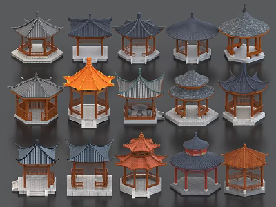 Different Styles Of Traditional Chinese Pavilions With Colorful Roofs And Bases 3d model