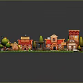 3D Cartoon Village Scene With Small Houses Red Roofs Green Grass Trees Well And Fences