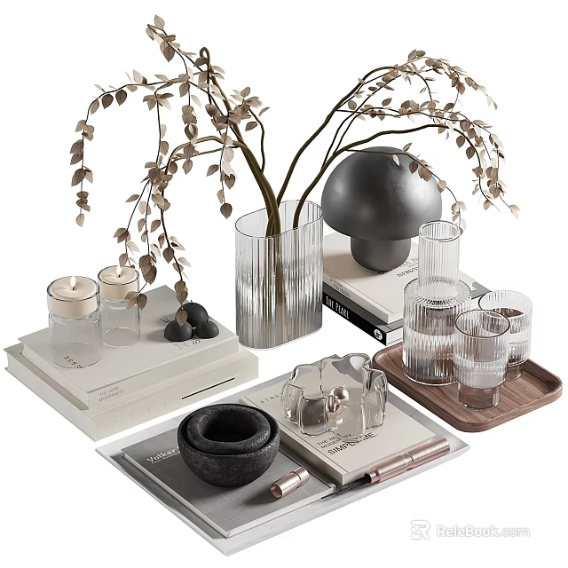 Decorative Ornament Set With Glass Vase Branches Round Decor Jars Stacked Books And Wooden Tray 3d model 