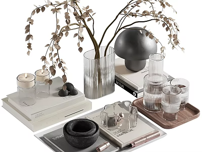 Decorative Ornament Set With Glass Vase Branches Round Decor Jars Stacked Books And Wooden Tray 3d model