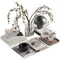 Decorative Ornament Set With Glass Vase Branches Round Decor Jars Stacked Books And Wooden Tray
