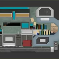 Compact Modern Living Space With Kitchen Bed Green Floor Bookshelf Red Box And Blue Lighting