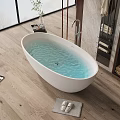 White Oval Bathtub with Light Blue Water on Wooden Floor and Slippers on Gray Mat