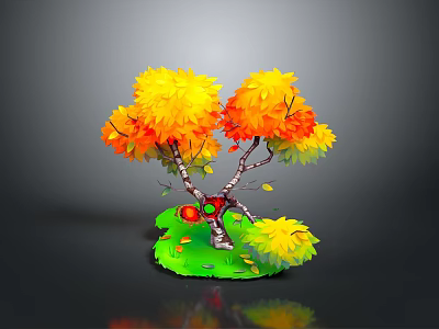 Cartoon Scene With Vibrant Tree Yellow Orange Leaves Green Grass And Red Details 3d model