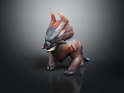 Detailed Fantasy Creature 3D Model With Horns Fangs Fur Texture And Crouching Stance 3d model