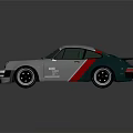 Silver Retro Sports Car With Large Rear Wing Red White Stripes And Round Headlights