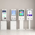 Modern Self Service Commercial Kiosks Four White Units With Digital Displays In Indoor Business Setting