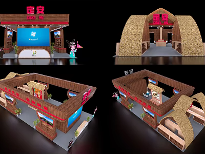 Traditional Exhibition Booth Design With Straw Roof Wooden Structure And Interior Layout 3d model