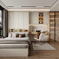 Modern Tatami Bedroom Interior With Bed Desk Computer Chair Open Storage Shelves And Natural Light