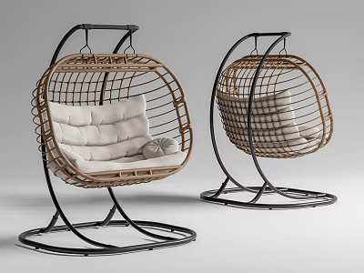 Two Modern Rattan Swing Chairs With White Cushions And Black Metal Frames 3d model