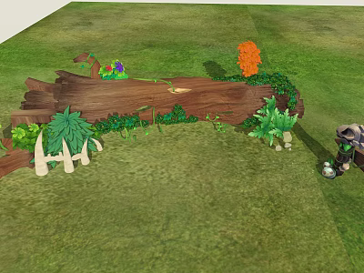 Natural Garden Setting With Wooden Log Green Plants And Colorful Decor Elements 3d model
