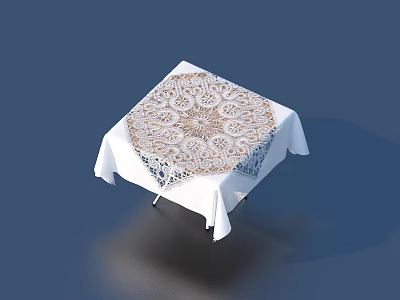 Square Table Covered In White Tablecloth With Intricate Pattern Design 3d model
