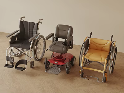 Medical Equipment Featuring Manual and Electric Wheelchairs in Black Red and Yellow for Mobility Assistance 3d model