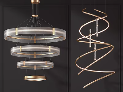 Modern Multi tiered Circular And Spiral Gold Chandeliers With Transparent Elements On Black Wall 3d model