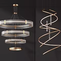 Modern Multi tiered Circular And Spiral Gold Chandeliers With Transparent Elements On Black Wall