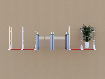 Public Facility Access Control Turnstiles With Red Carpet And Potted Plant 3d model