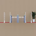 Public Facility Access Control Turnstiles With Red Carpet And Potted Plant
